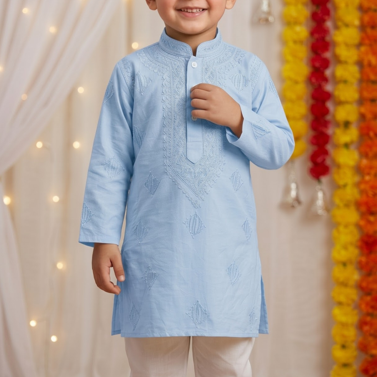 Powder Blue | Lucknow Chikankari Kurta Pajama Set | Pure Cotton Silk