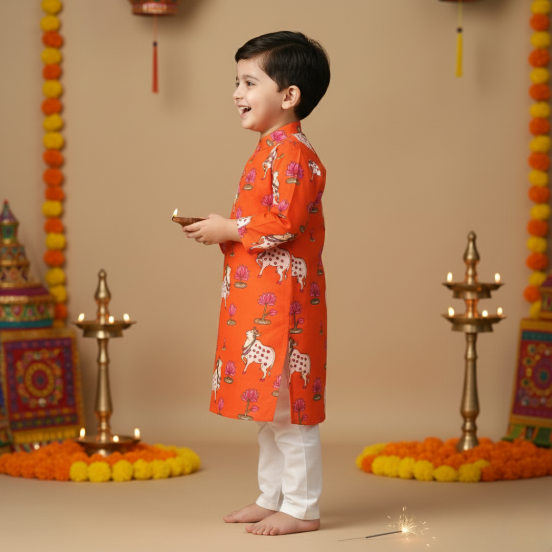 Orange Pichwai Kurta Pajama Set | Pure Cotton