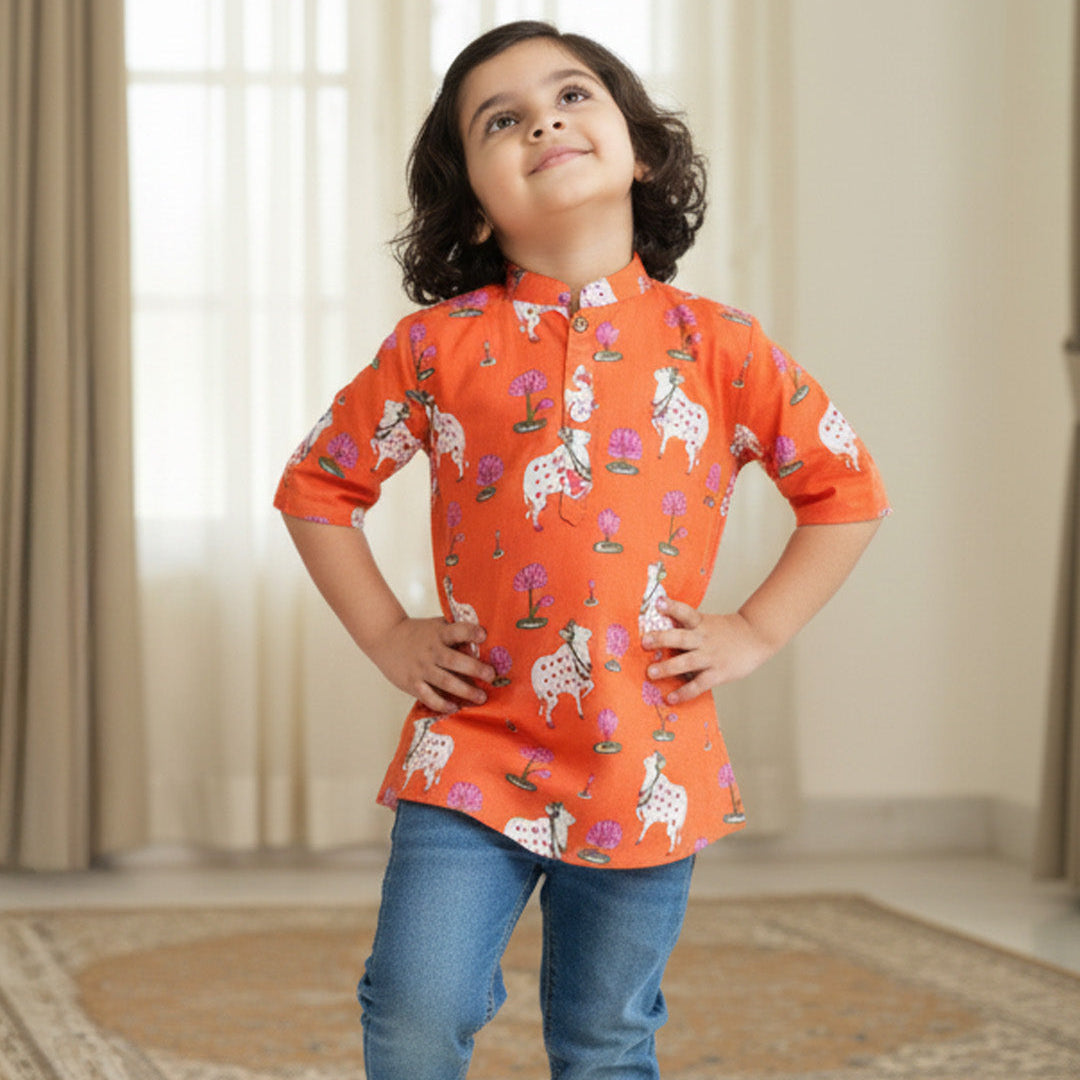 Orange  Pichwai Kurta Shirt for Boys| Pure Cotton