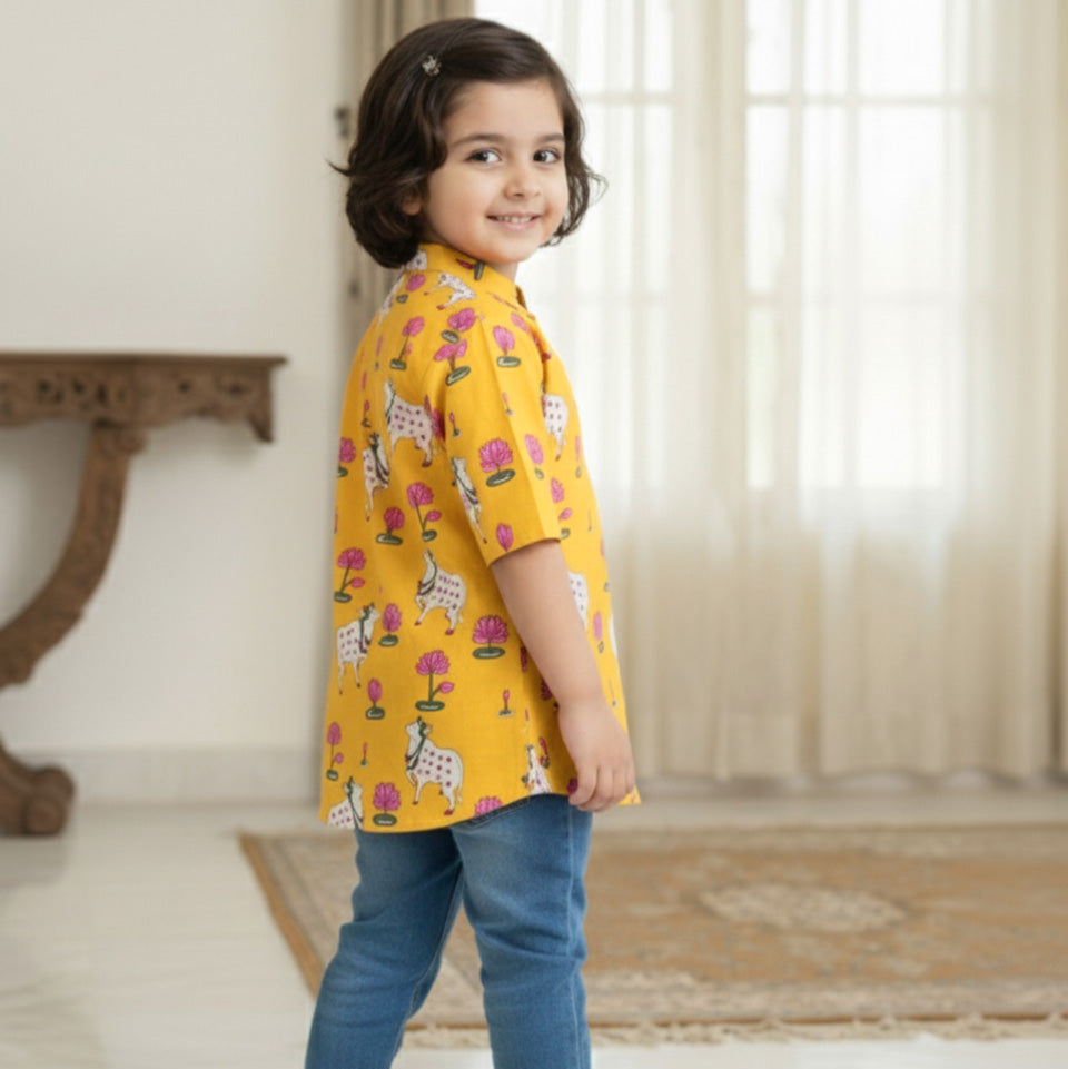 Yellow  Pichwai Kurta Shirt for Boys| Pure Cotton