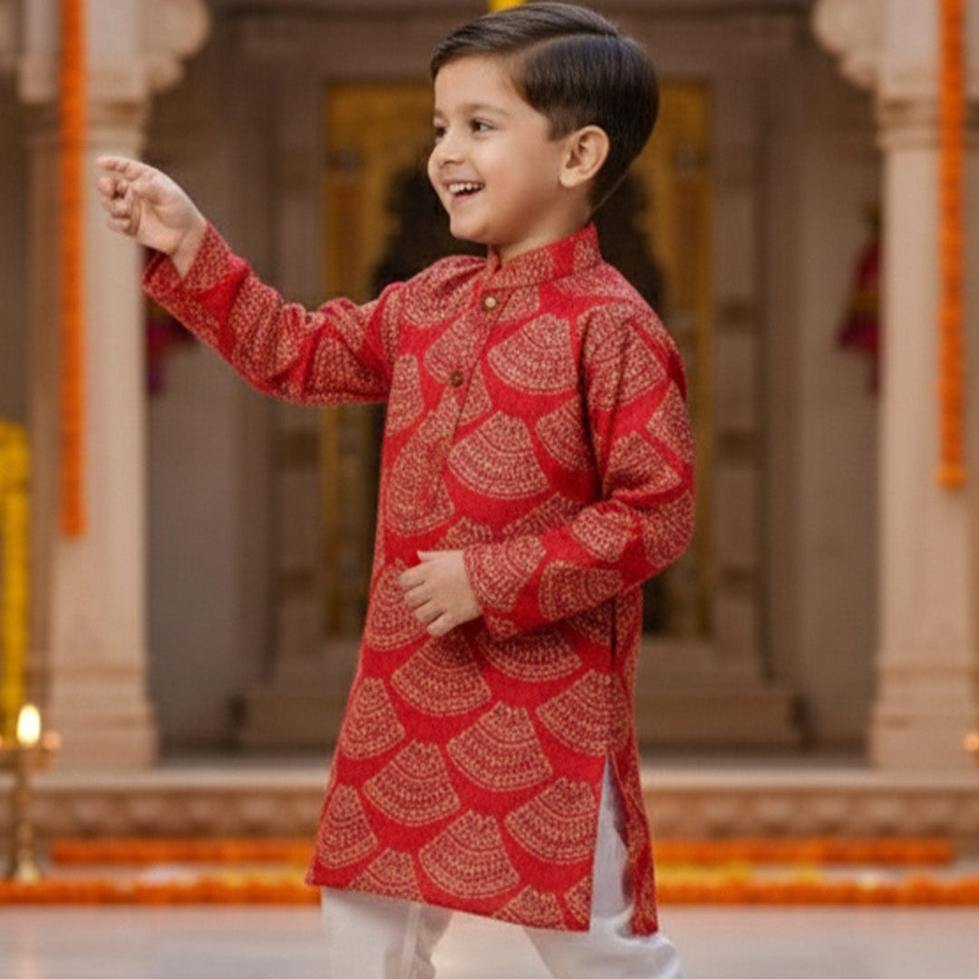 Red Bandhani Kurta Pajama Set for Boys| Pure Cotton