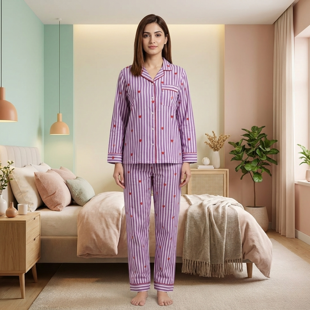 Purple Hearts | Adult Nightsuit Set| Pure Cotton