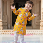 Yellow Pichwai Kurta Pajama Set for Boys| Pure Cotton