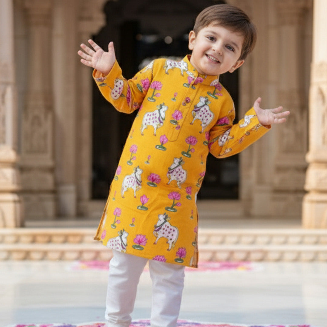 Yellow Pichwai Kurta Pajama Set for Boys| Pure Cotton