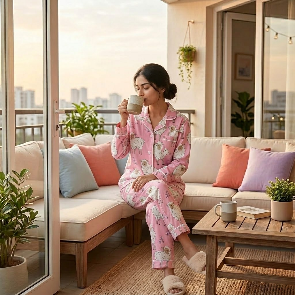 Baa Baa Pink Sheep | Adult Nightsuit Set| Pure Cotton