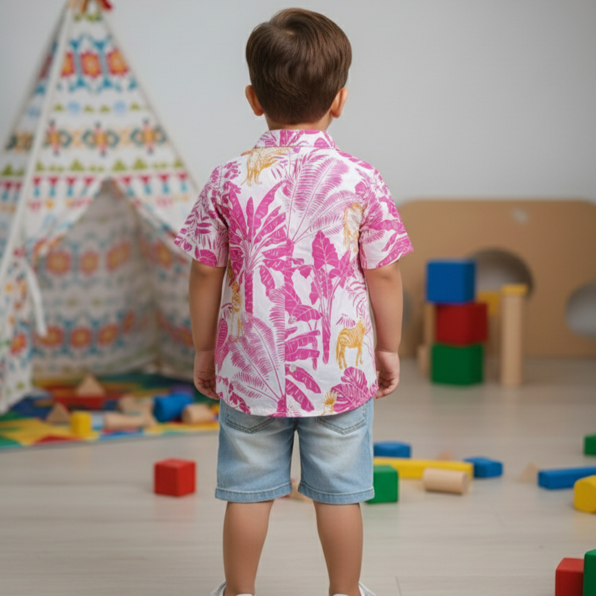 Hawaiian Shirt for Boys| Pink Jungle| Pure Cotton