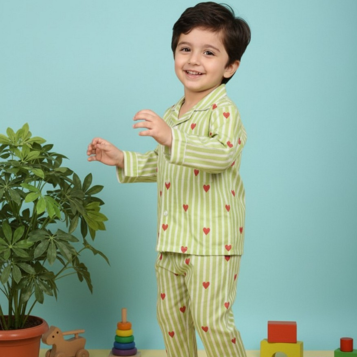 Green Hearts Twinning Nightsuit Set| Pure Cotton