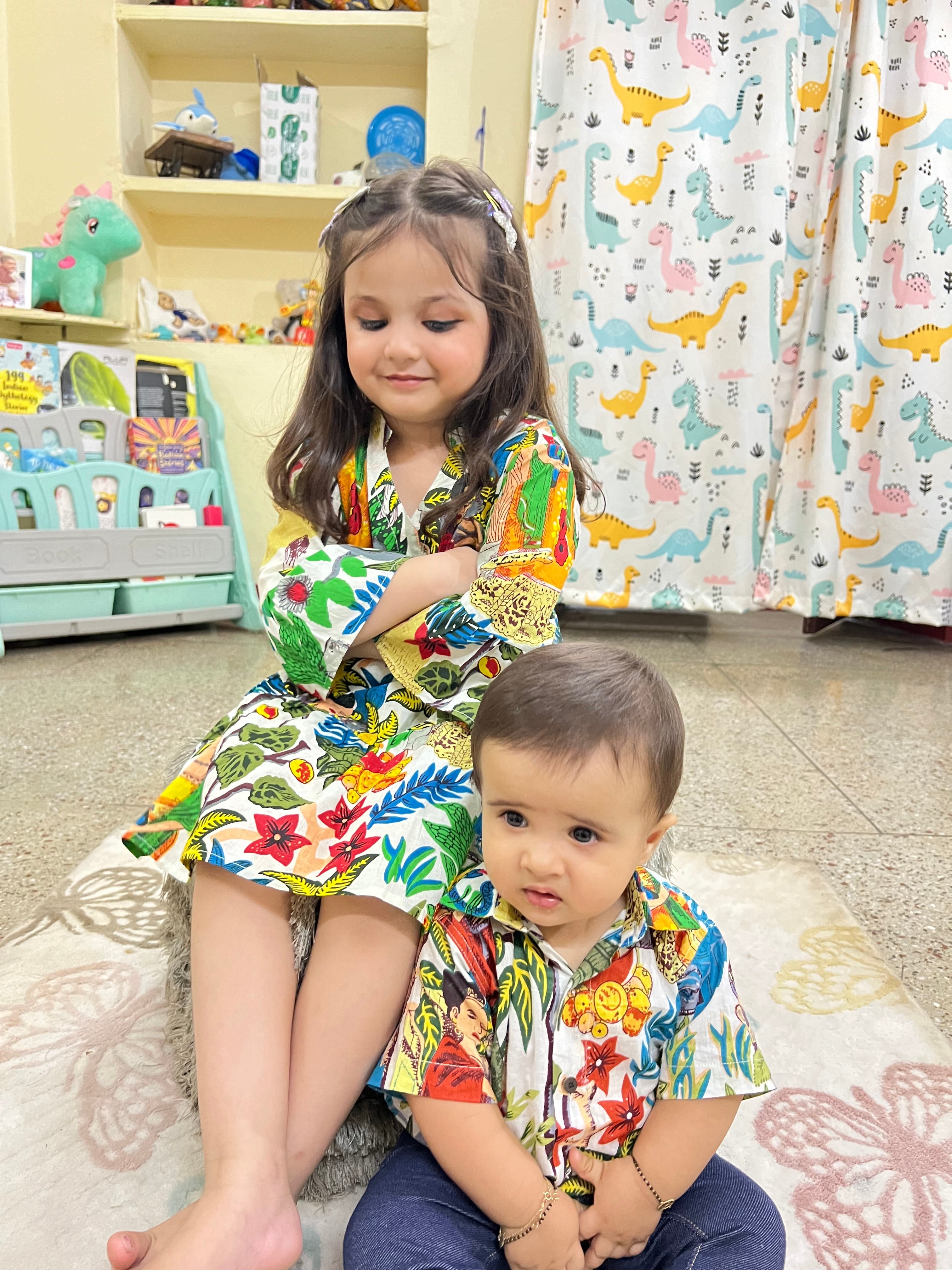 Cotton jungle safari sibbling twinning outfits