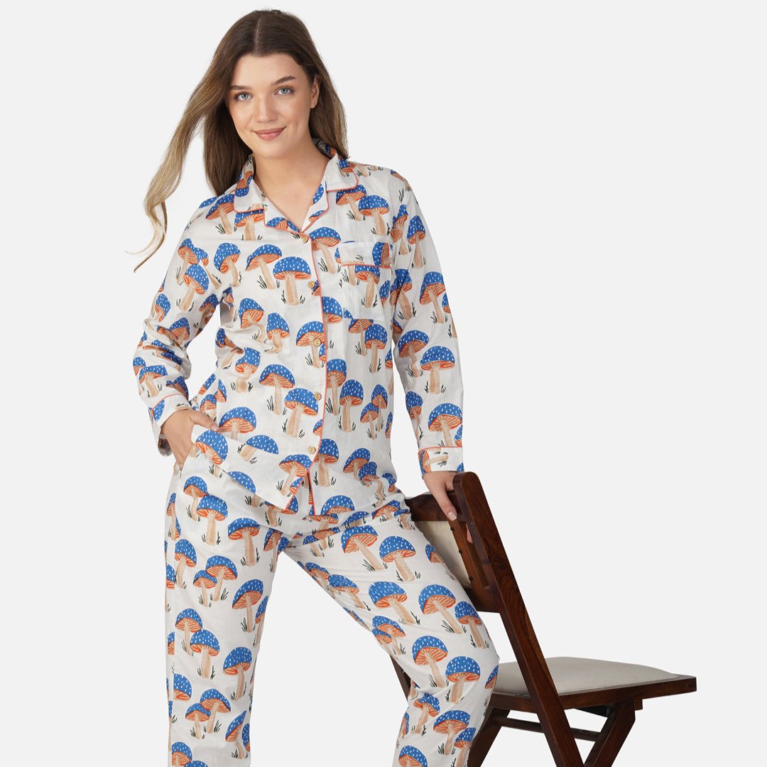 Blue Mushrooms| Adult Nightsuit Set| Pure Cotton