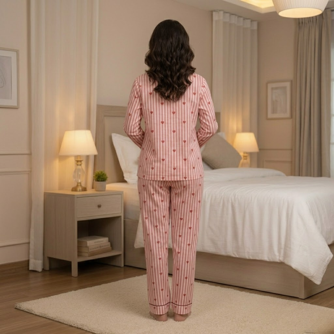 Pink Hearts | Adult Nightsuit Set| Pure Cotton