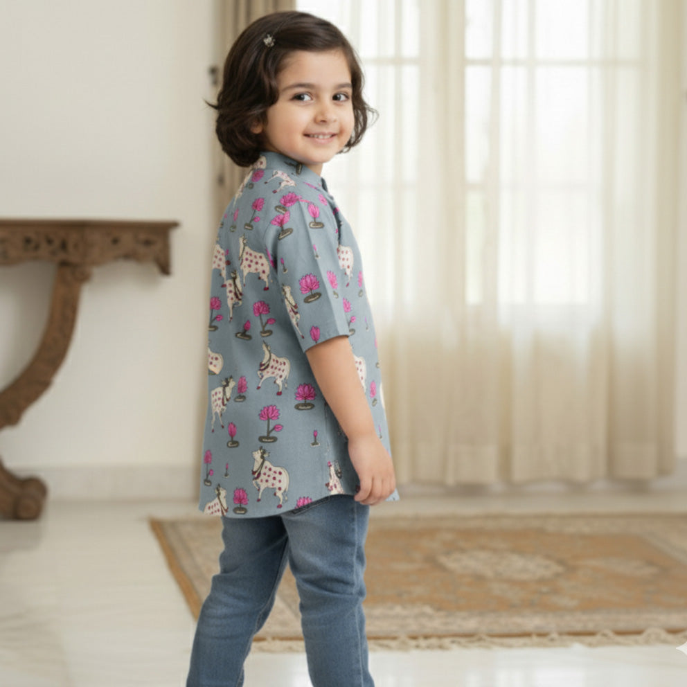 Blue Pichwai Kurta Shirt for Boys| Pure Cotton