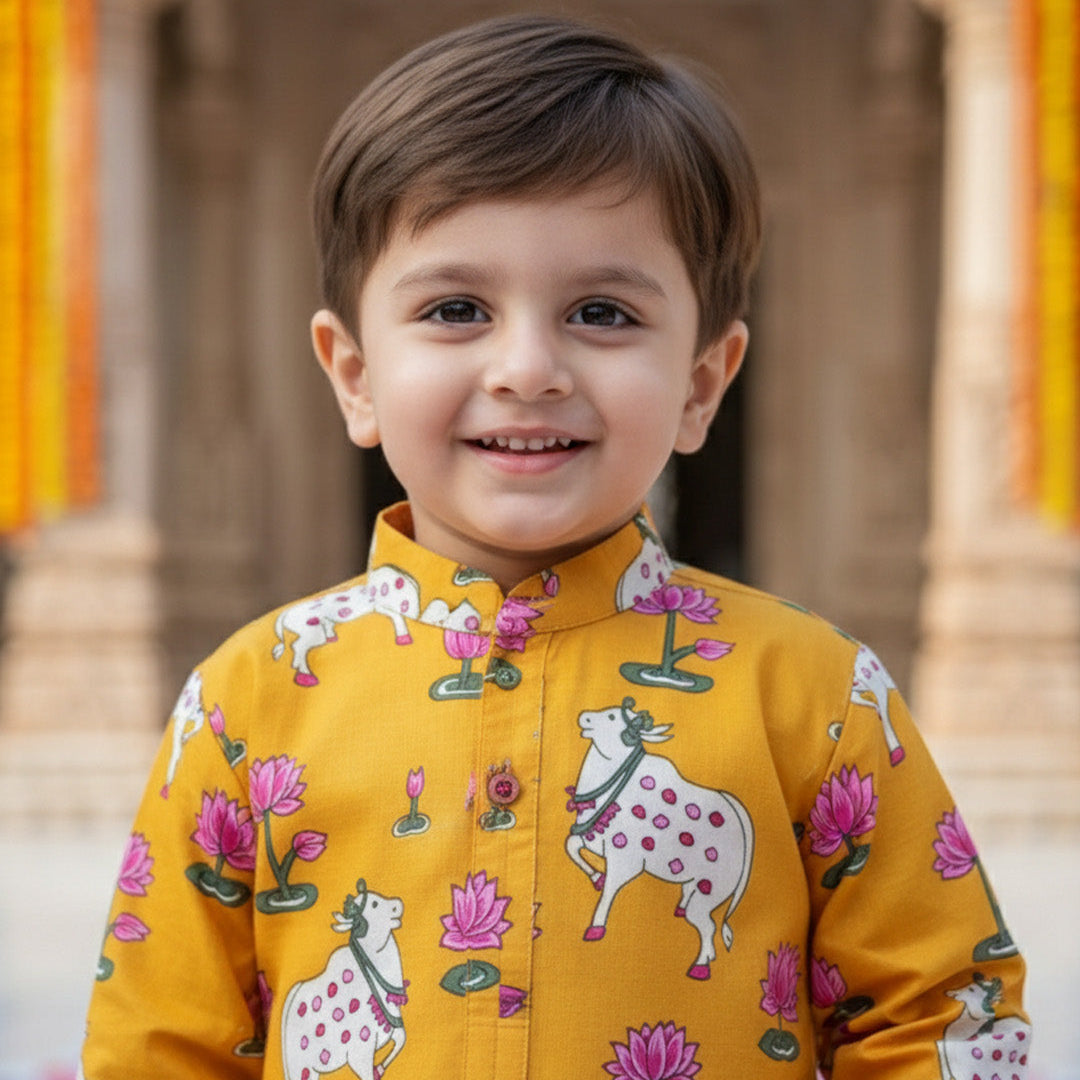 Yellow Pichwai Kurta Pajama Set for Boys| Pure Cotton