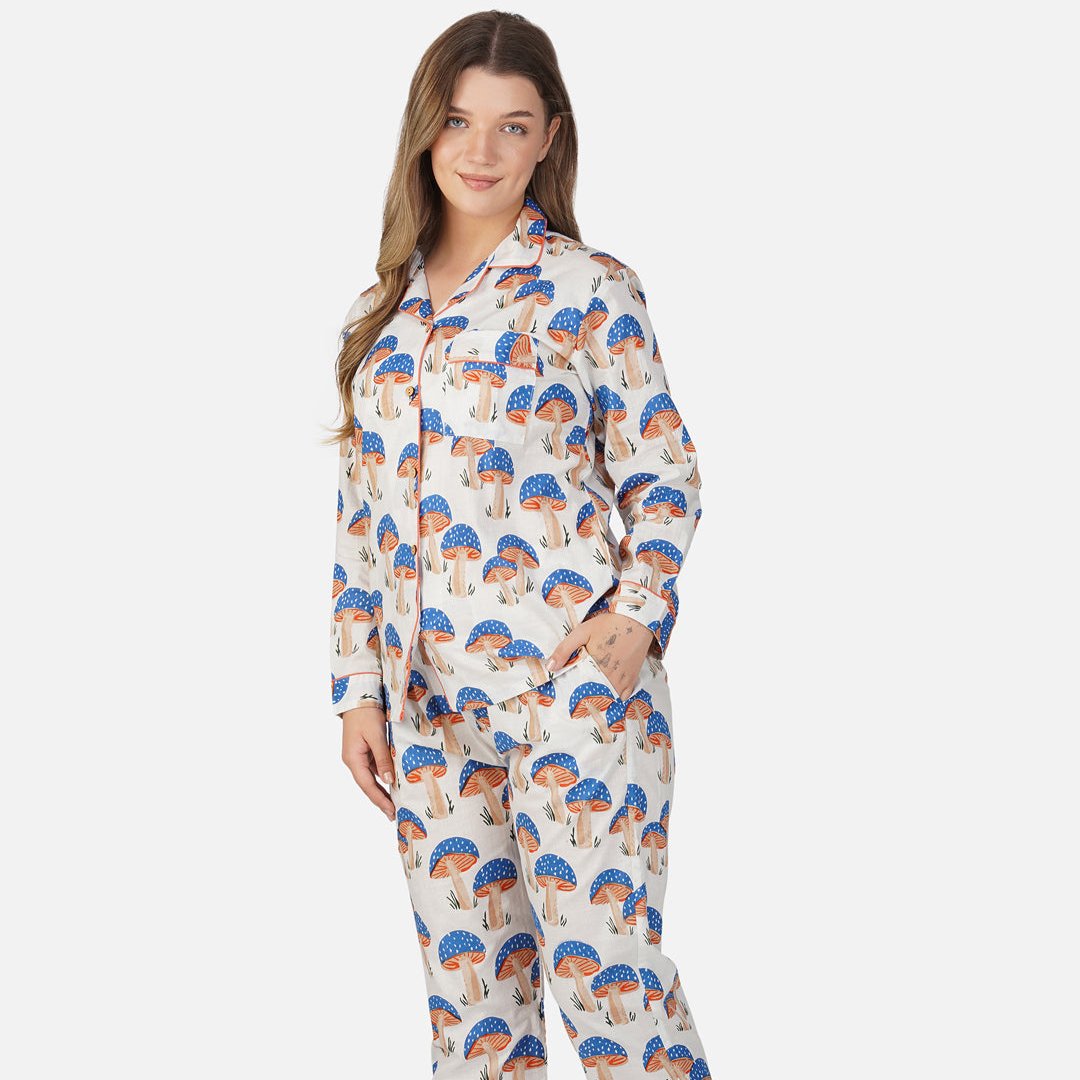 Blue Mushrooms| Adult Nightsuit Set| Pure Cotton