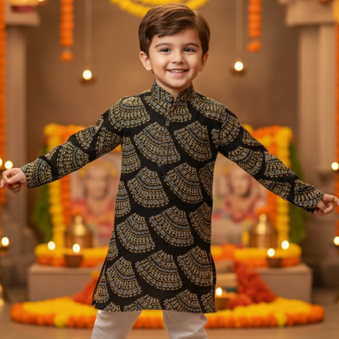 Black Bandhani Kurta Pajama Set for Boys| Pure Cotton