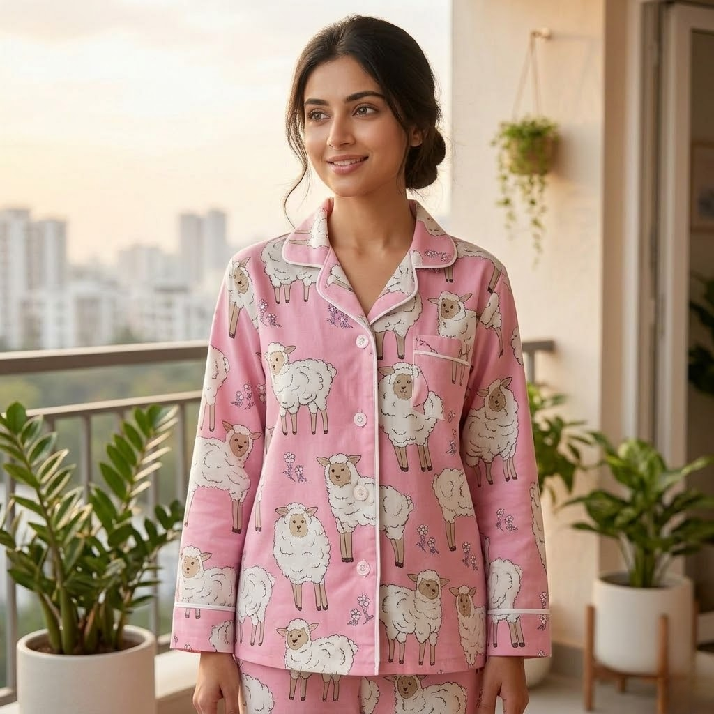 Baa Baa Pink Sheep | Adult Nightsuit Set| Pure Cotton