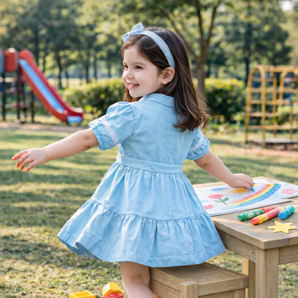 Tiffany Blue short Dress for Girls| Linen with Laces