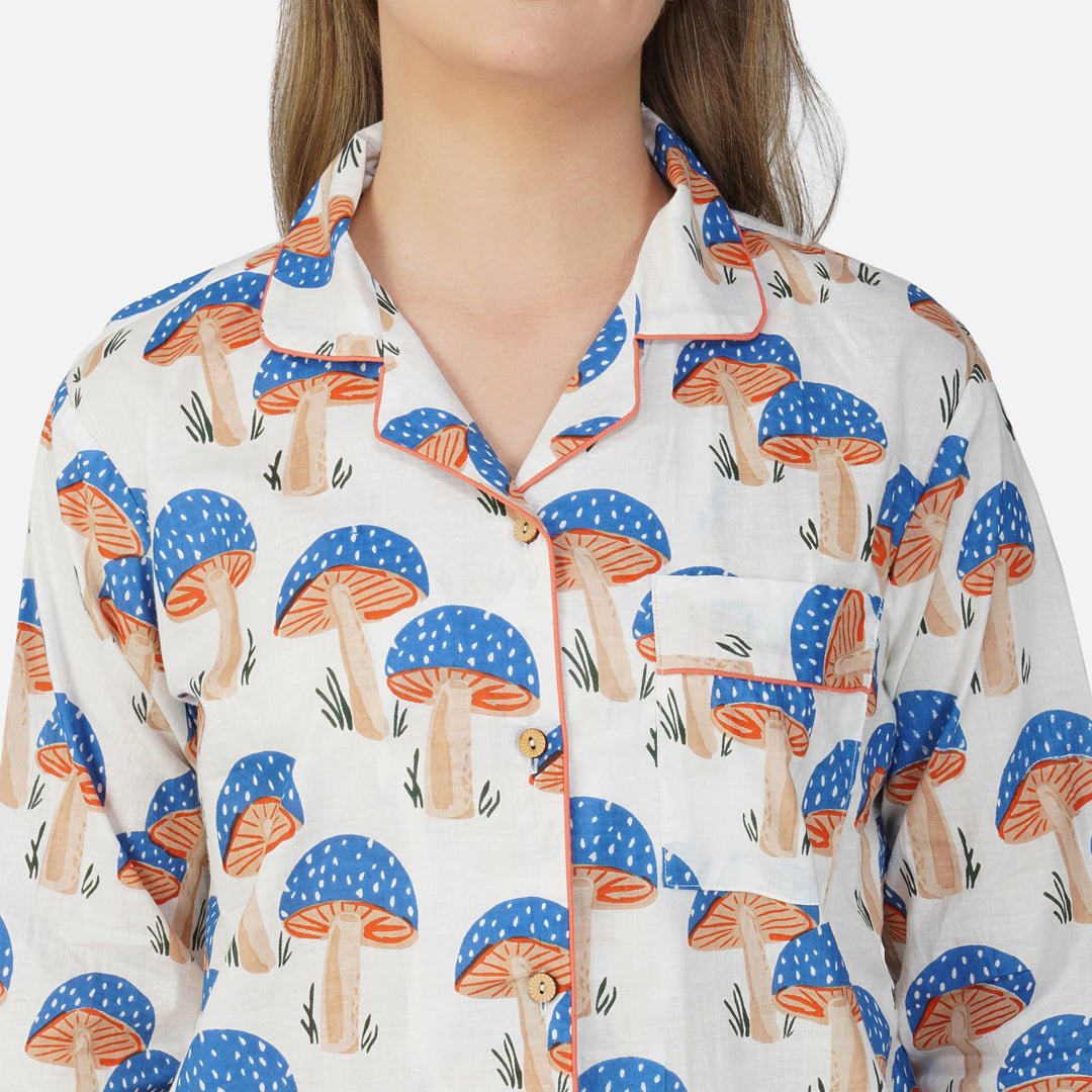 Blue Mushrooms| Adult Nightsuit Set| Pure Cotton