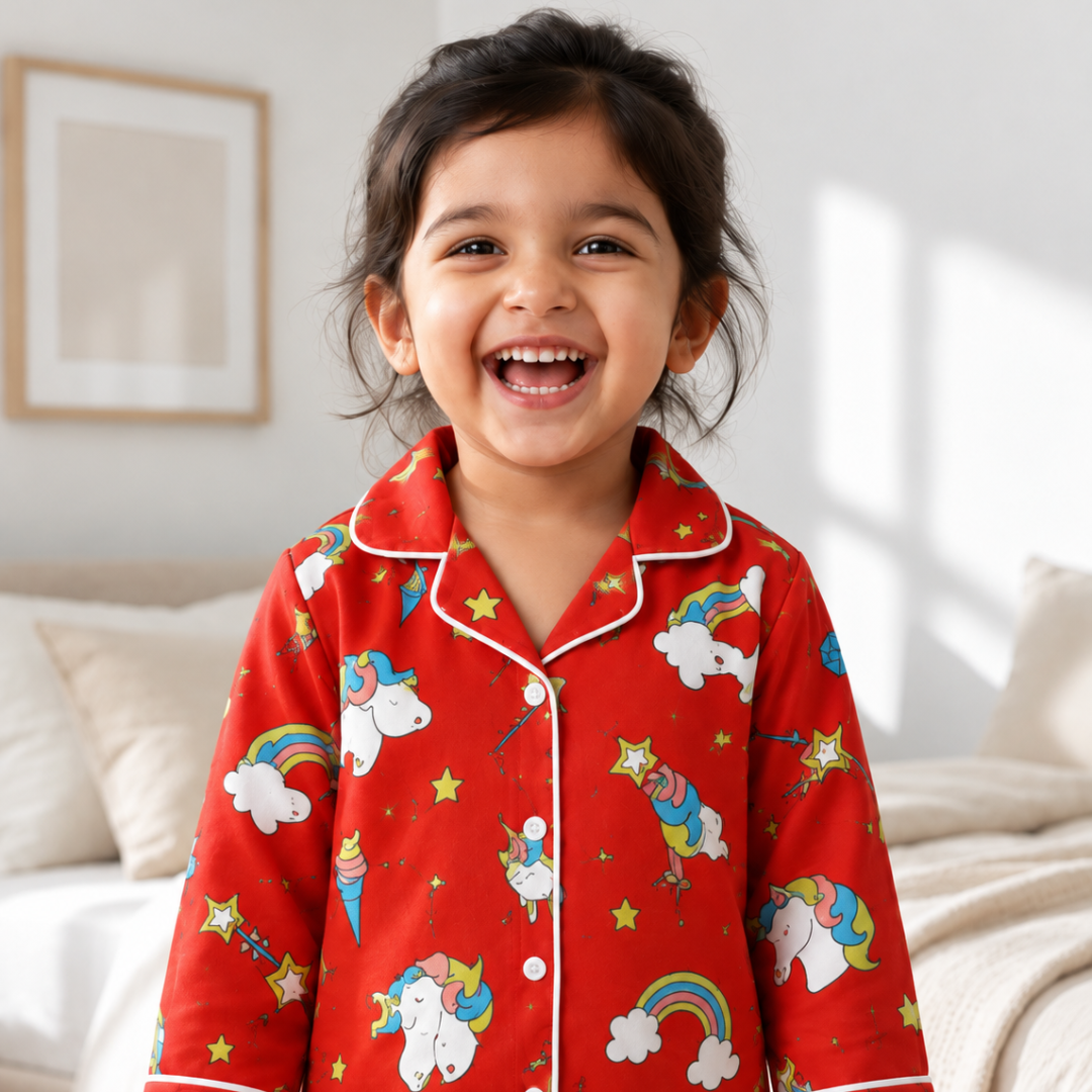 Magical Unicorn Dreams | Red | Kids Night suit Set |Pure Cotton