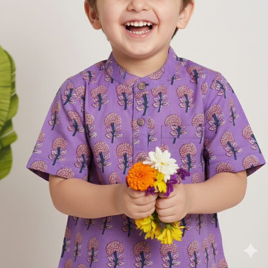 Cotton Boys Kurta Shirt Purple Boota