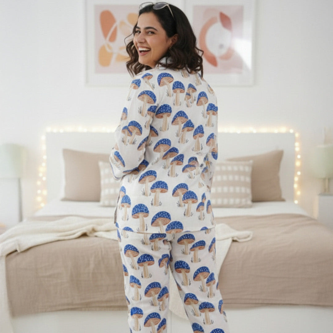 Blue Mushrooms| Adult Nightsuit Set| Pure Cotton