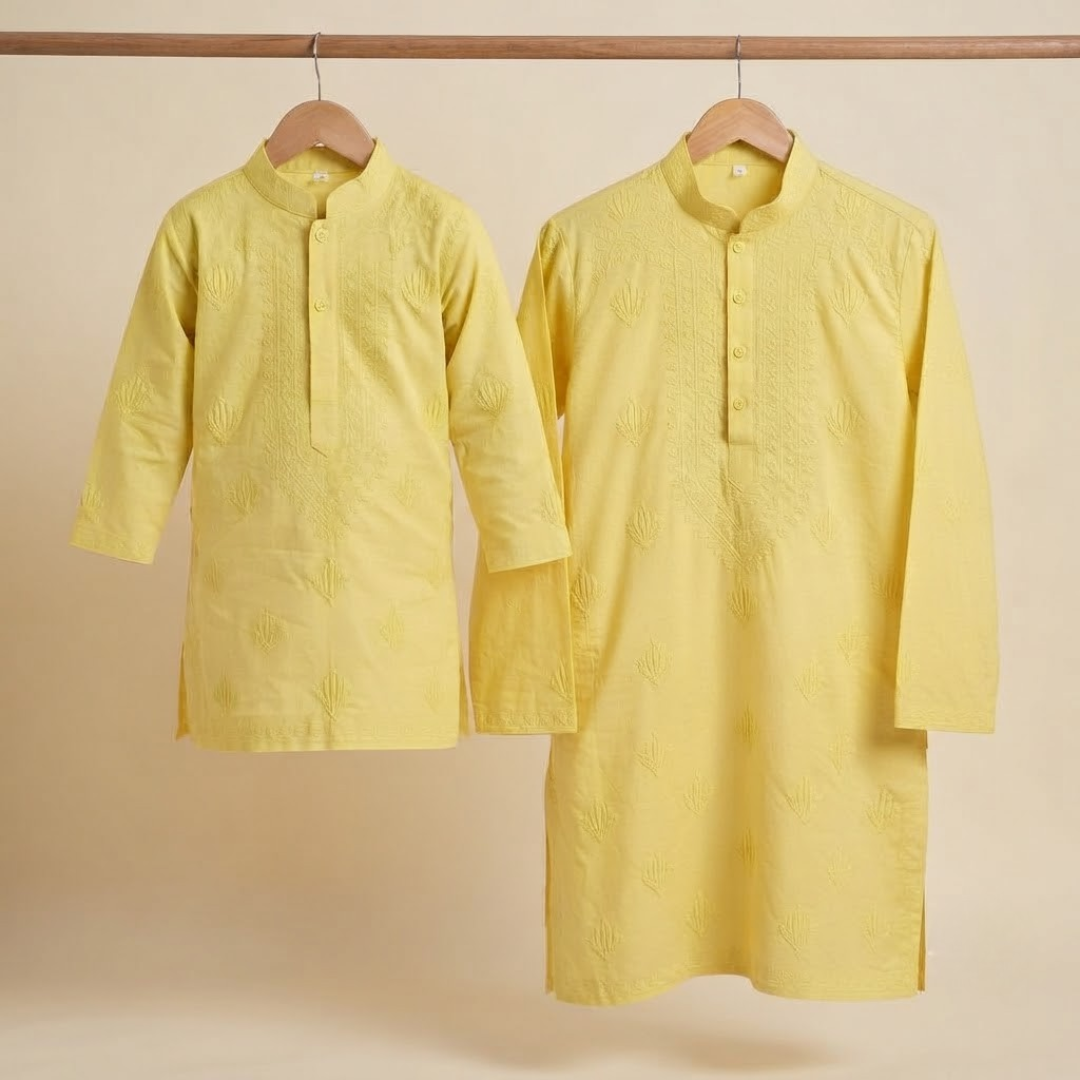 Sunshine Yellow | Father & Kids Twining Kurta Pajama Set | Lucknow Chikankari | Pure Cotton Silk