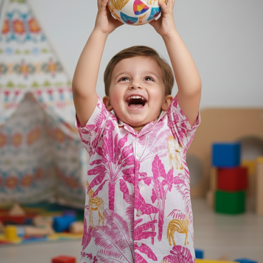 Hawaiian Shirt for Boys| Pink Jungle| Pure Cotton