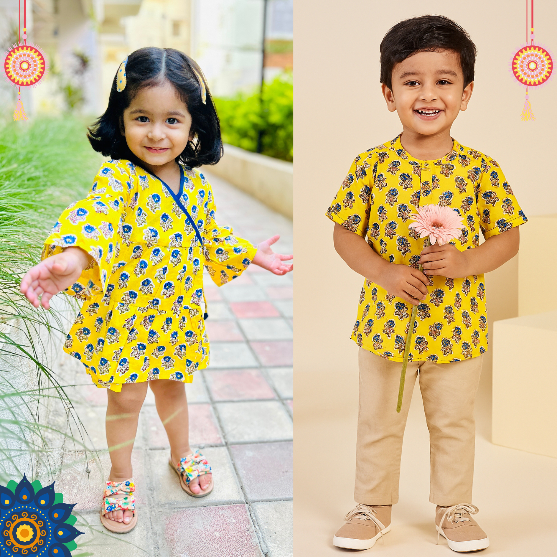 Cotton Yellow Boota Sibling Twinning Outfits