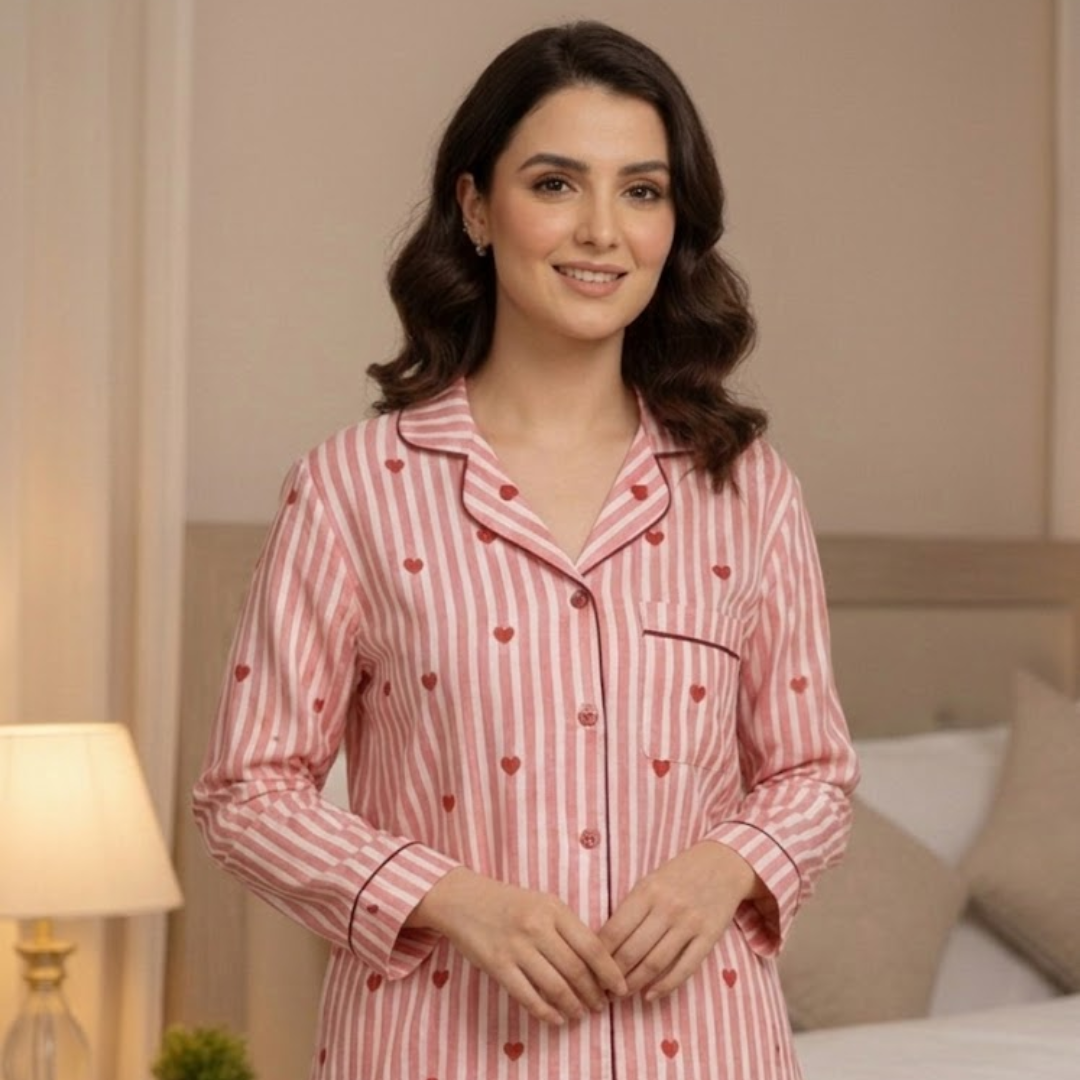 Pink Hearts | Adult Nightsuit Set| Pure Cotton