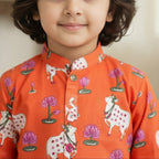 Orange  Pichwai Kurta Shirt for Boys| Pure Cotton