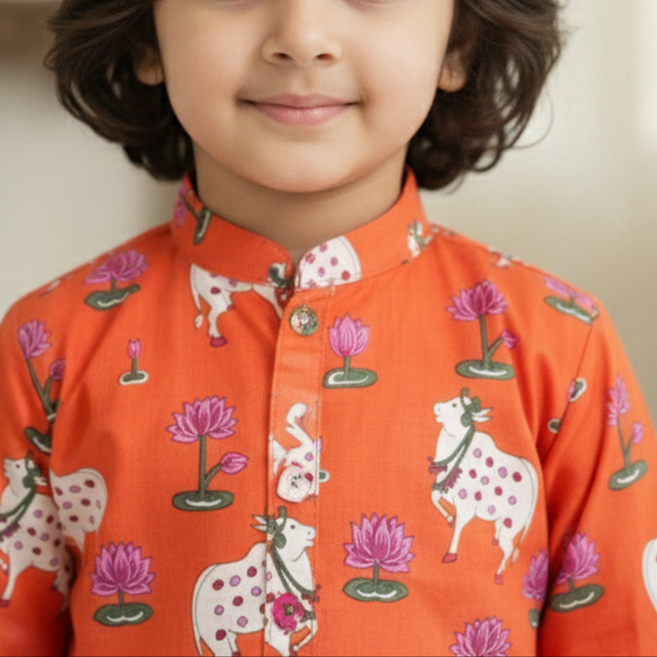 Orange  Pichwai Kurta Shirt for Boys| Pure Cotton