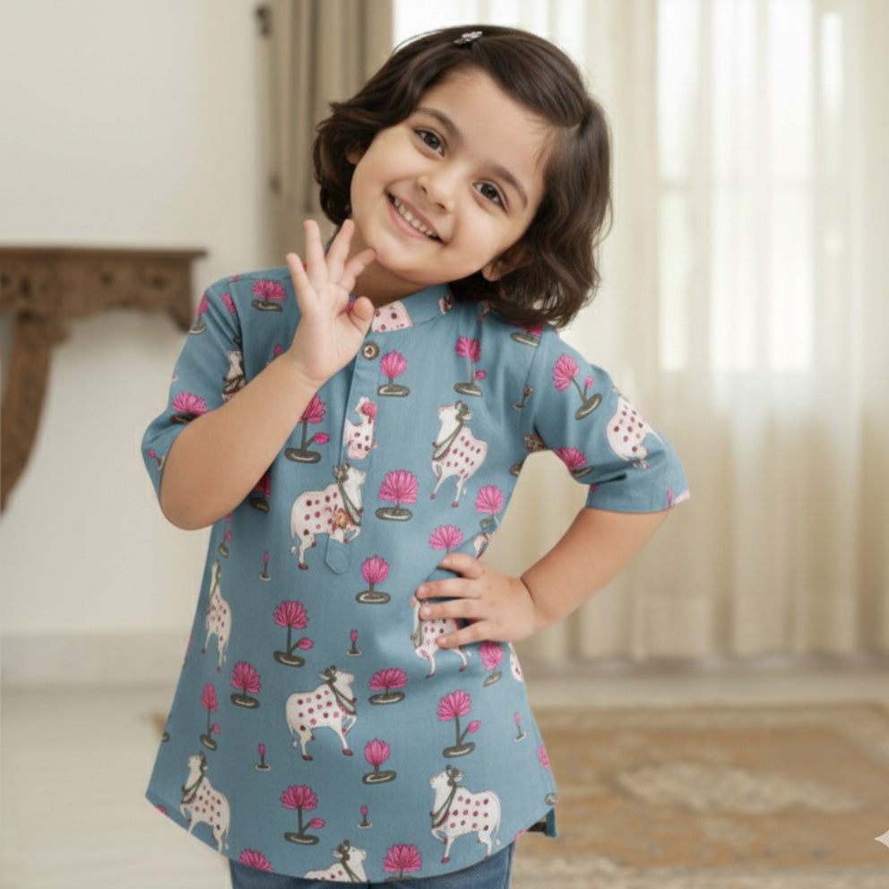 Blue Pichwai Kurta Shirt for Boys| Pure Cotton