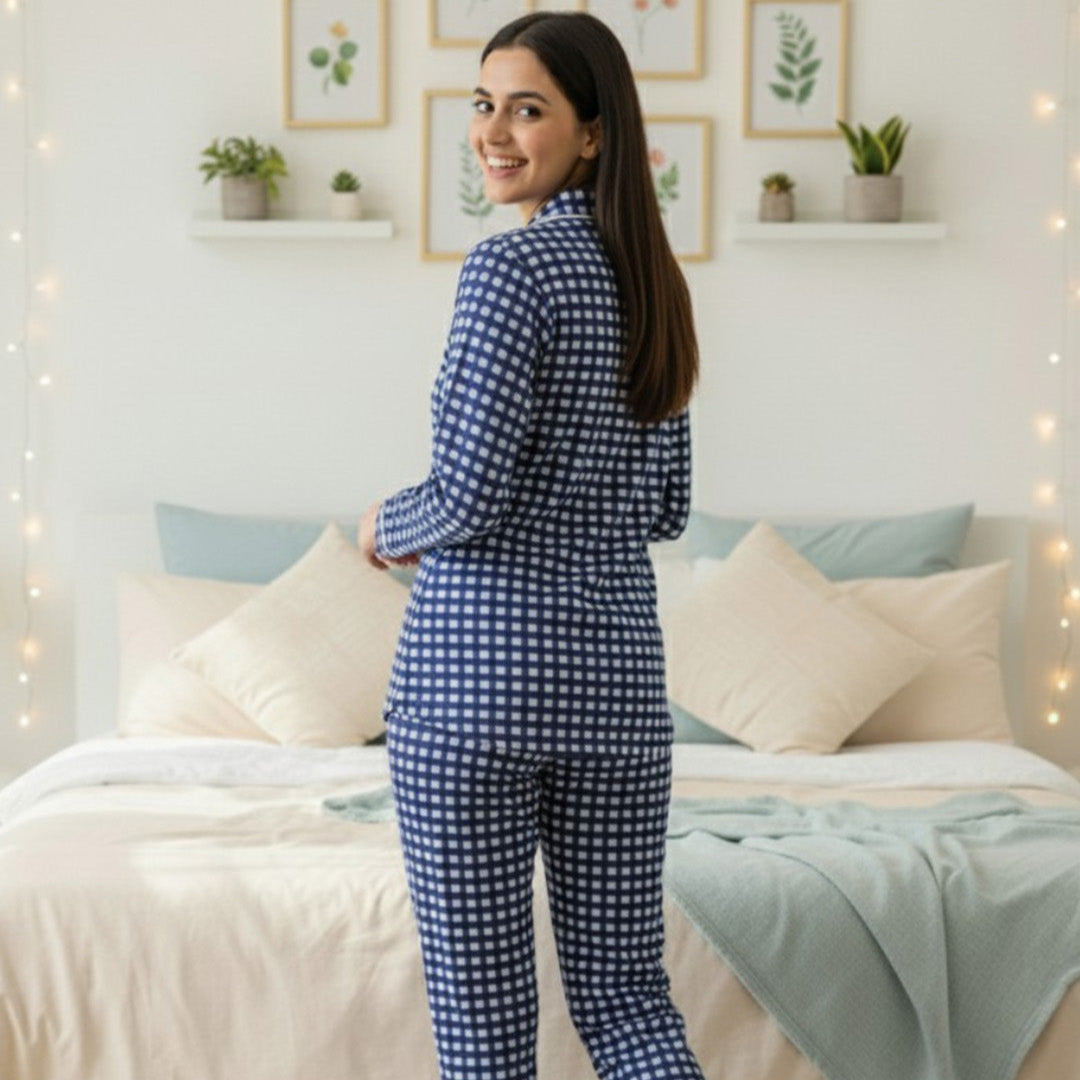 Blue Checkerboard| Adult Nightsuit Set| Pure Cotton
