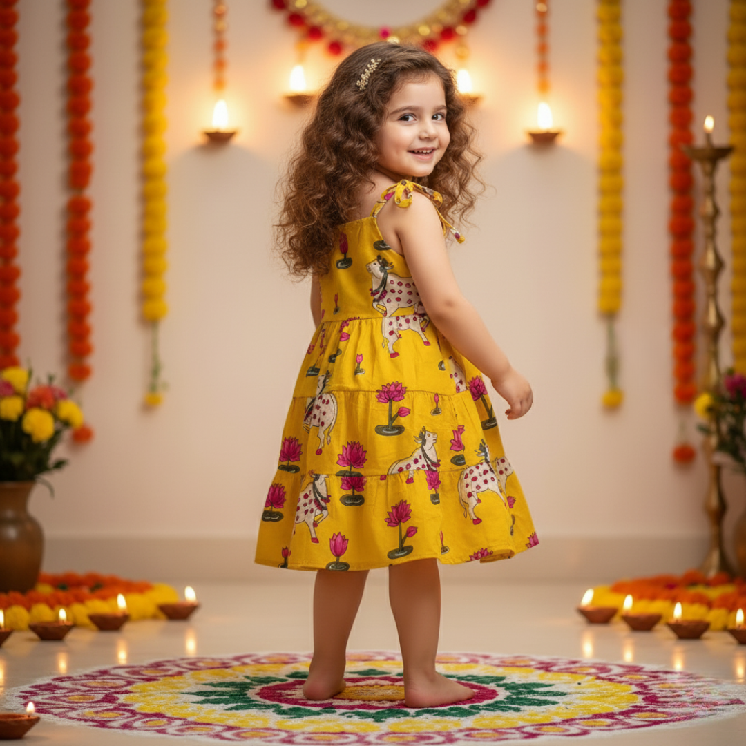 Yellow  Pichwai  Girls Dress | Pure Cotton