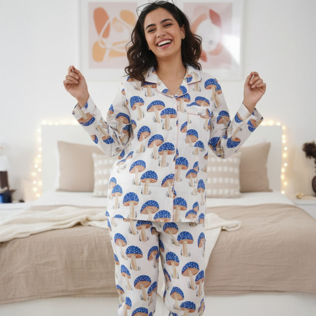 Blue Mushrooms| Adult Nightsuit Set| Pure Cotton