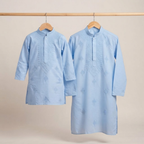 Powder Blue | Father & Kids Twining Kurta Pajama Set | Lucknow Chikankari | Pure Cotton Silk