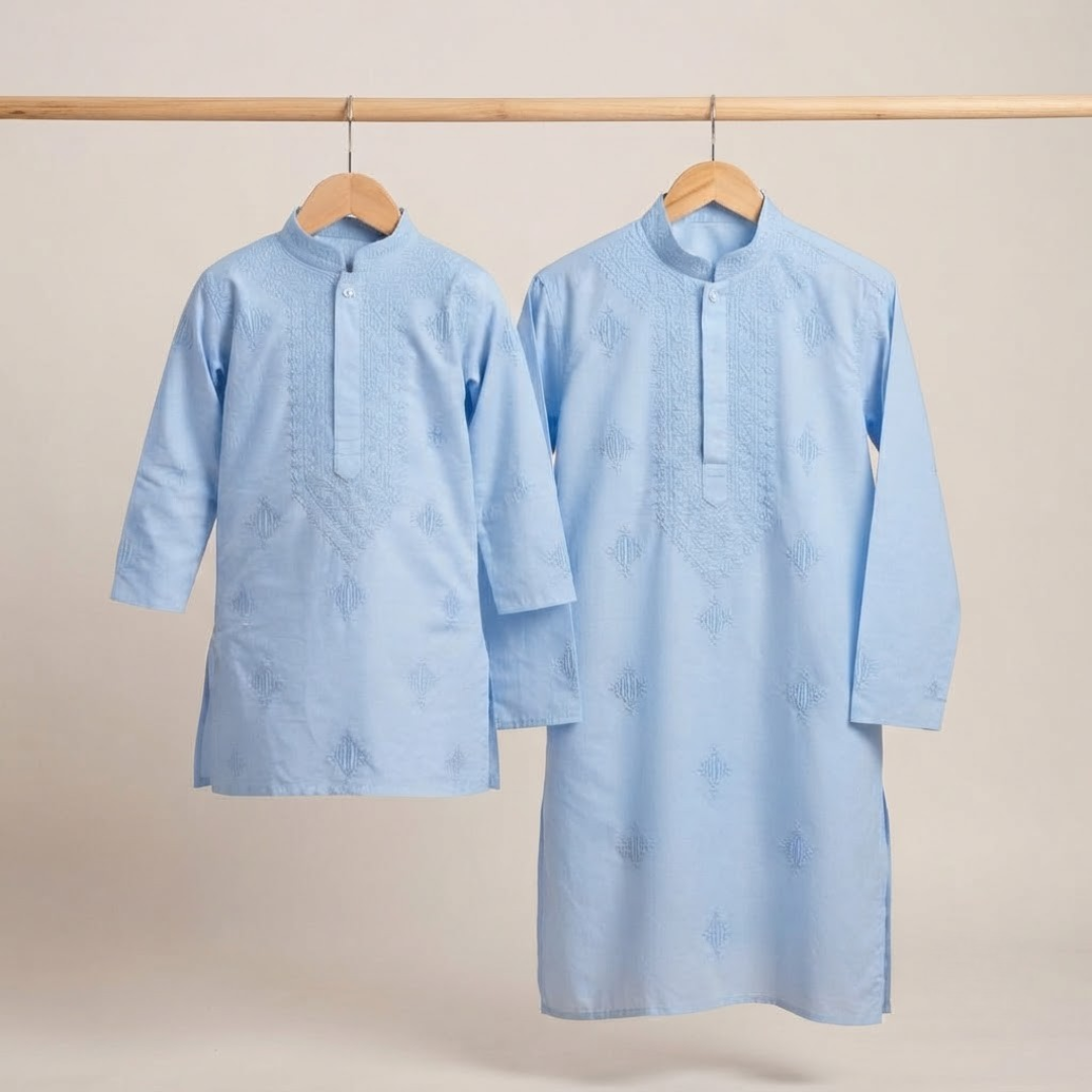 Powder Blue | Father & Kids Twining Kurta Pajama Set | Lucknow Chikankari | Pure Cotton Silk