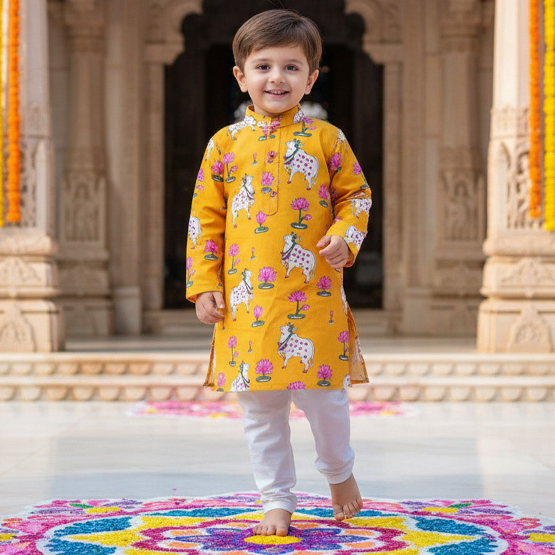 Yellow Pichwai Kurta Pajama Set for Boys| Pure Cotton