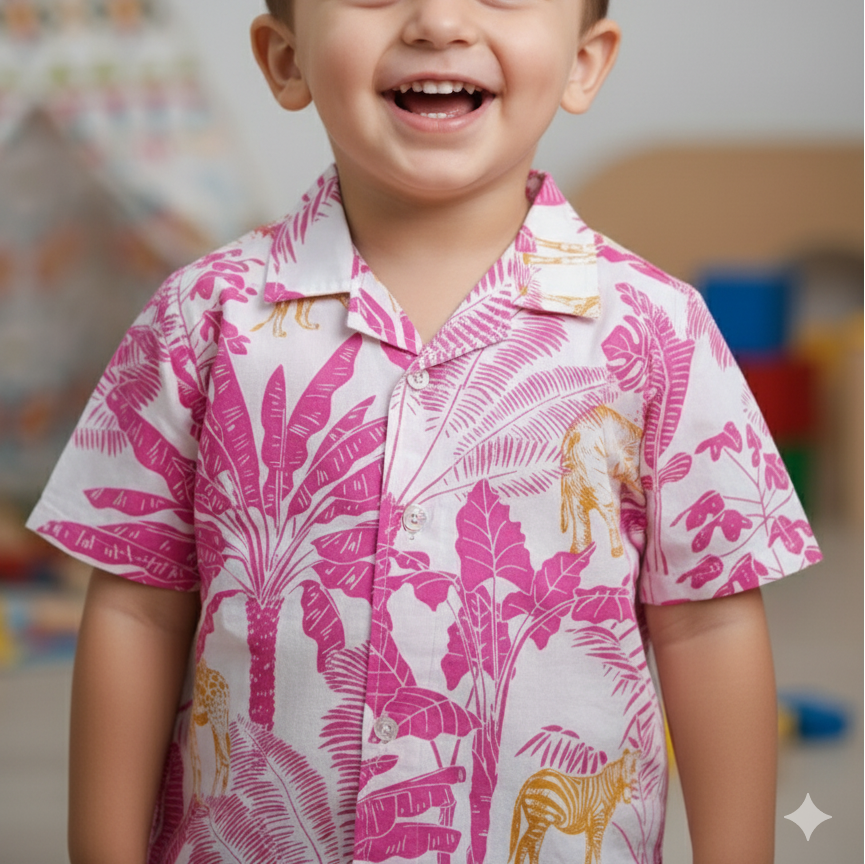 Hawaiian Shirt for Boys| Pink Jungle| Pure Cotton