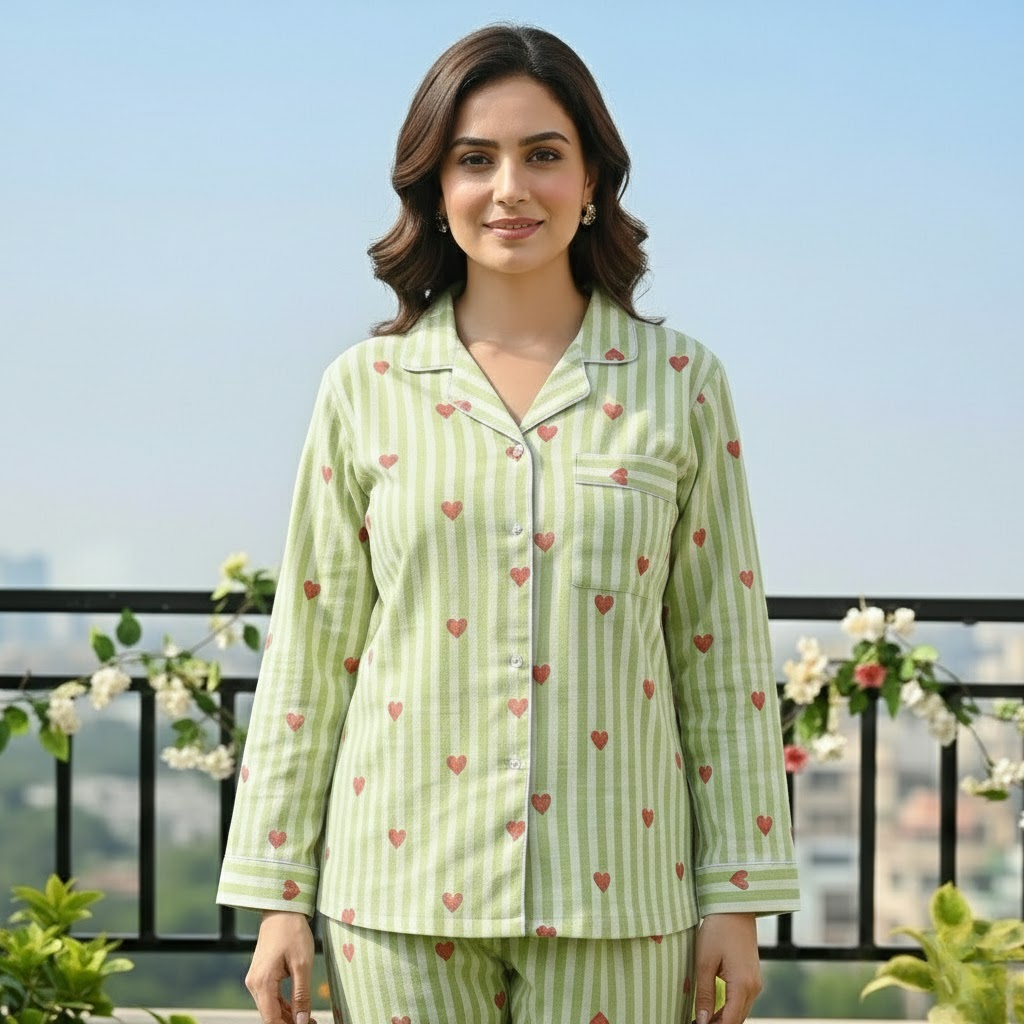 Green Hearts | Adult Nightsuit Set| Pure Cotton