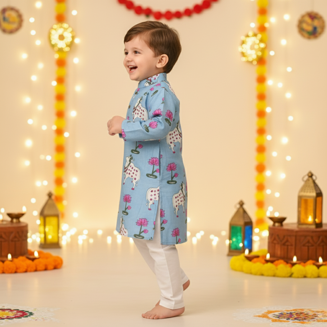 Blue Pichwai Kurta Pajama Set | Pure Cotton