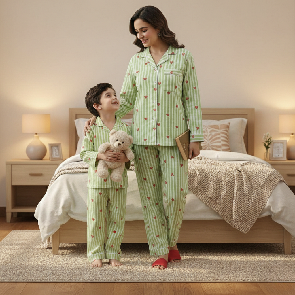 Green Hearts Twinning Nightsuit Set| Pure Cotton