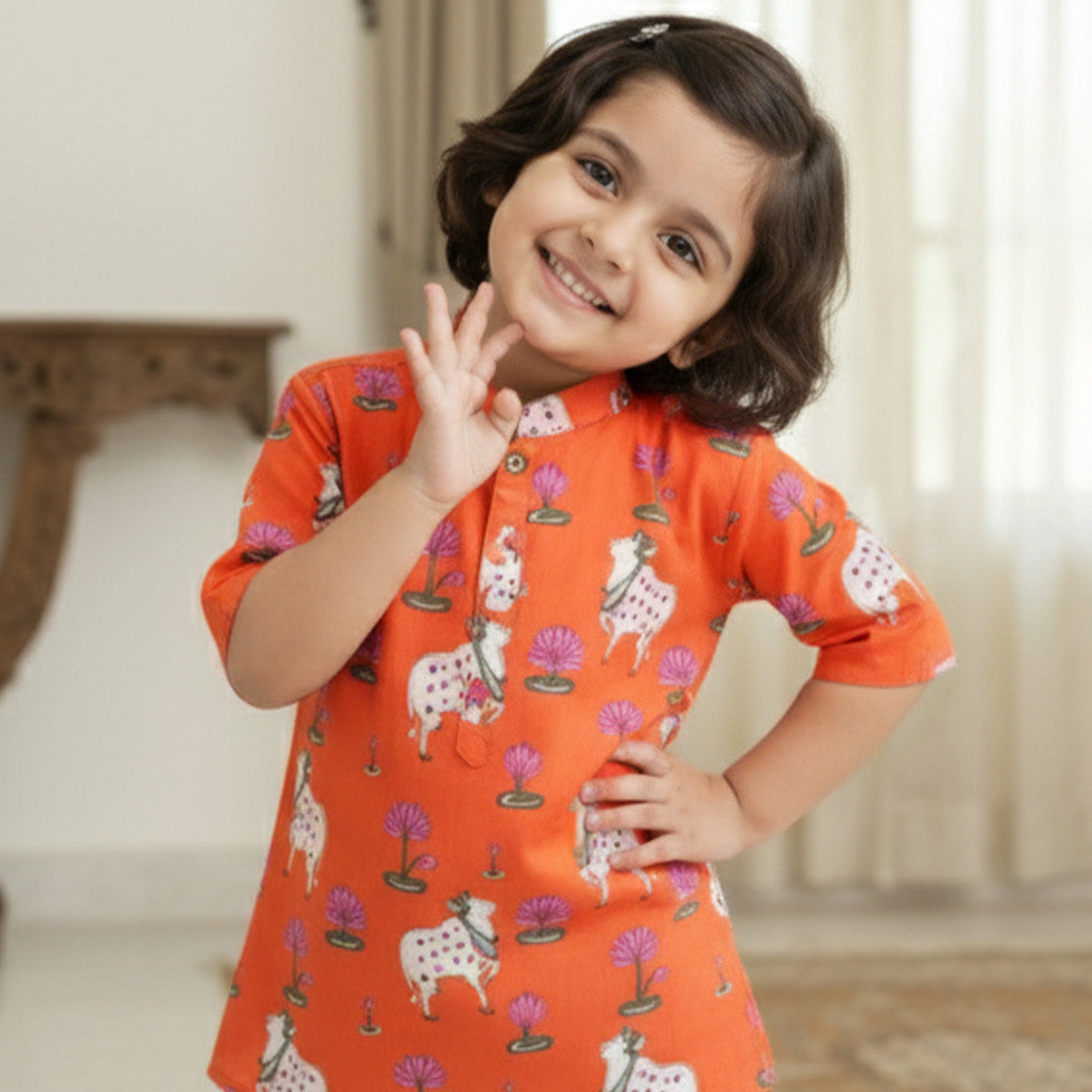 Orange  Pichwai Kurta Shirt for Boys| Pure Cotton