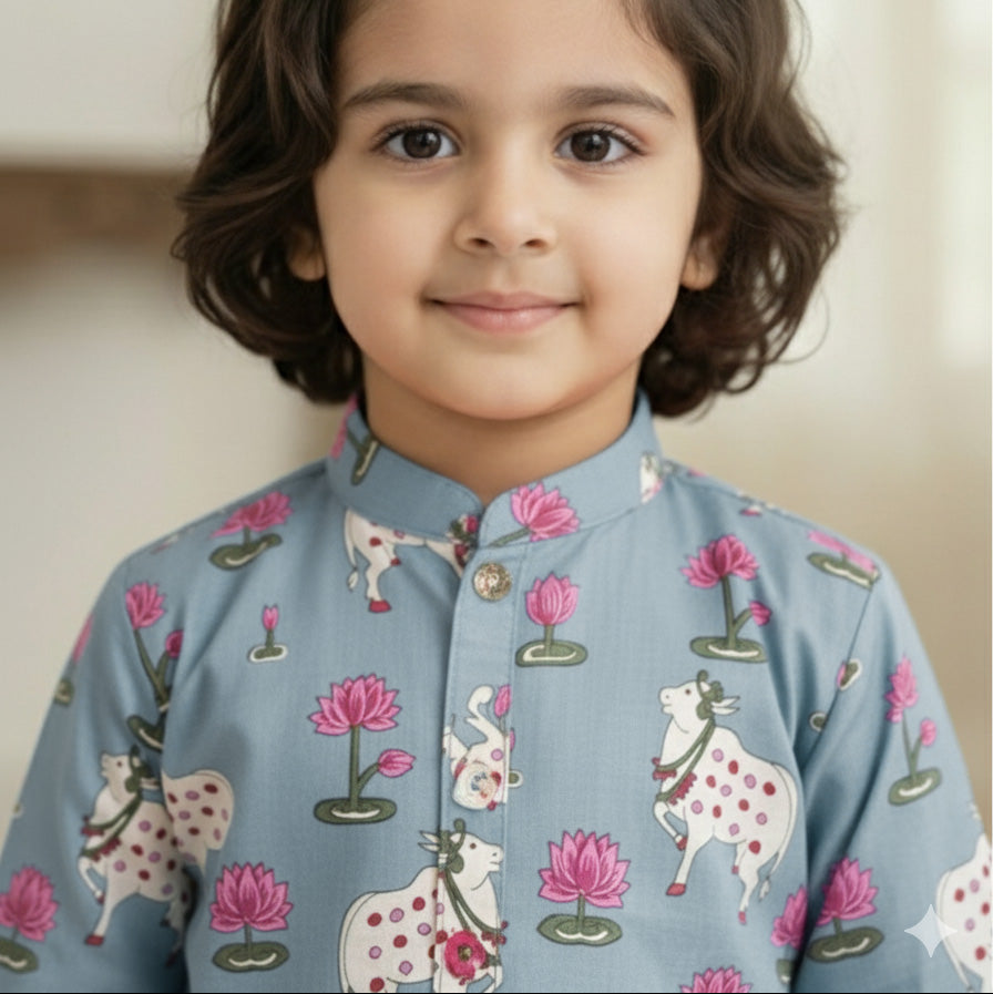 Blue Pichwai Kurta Shirt for Boys| Pure Cotton