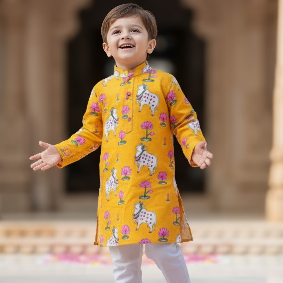 Yellow Pichwai Kurta Pajama Set for Boys| Pure Cotton