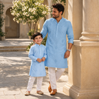 Powder Blue | Father & Kids Twining Kurta Pajama Set | Lucknow Chikankari | Pure Cotton Silk