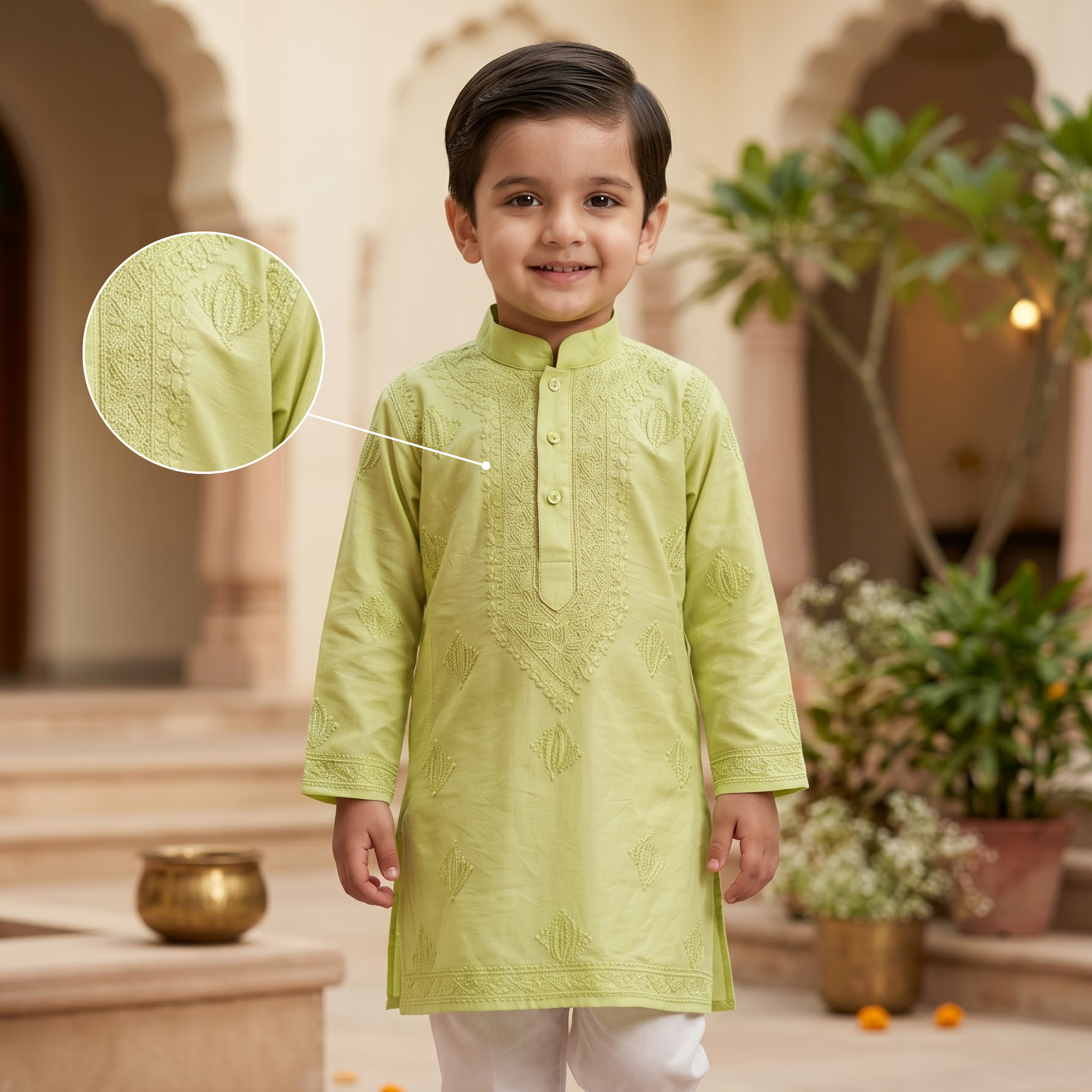 Sage Green Lucknow Chikankari Kurta Pajama Set | Pure Chanderi