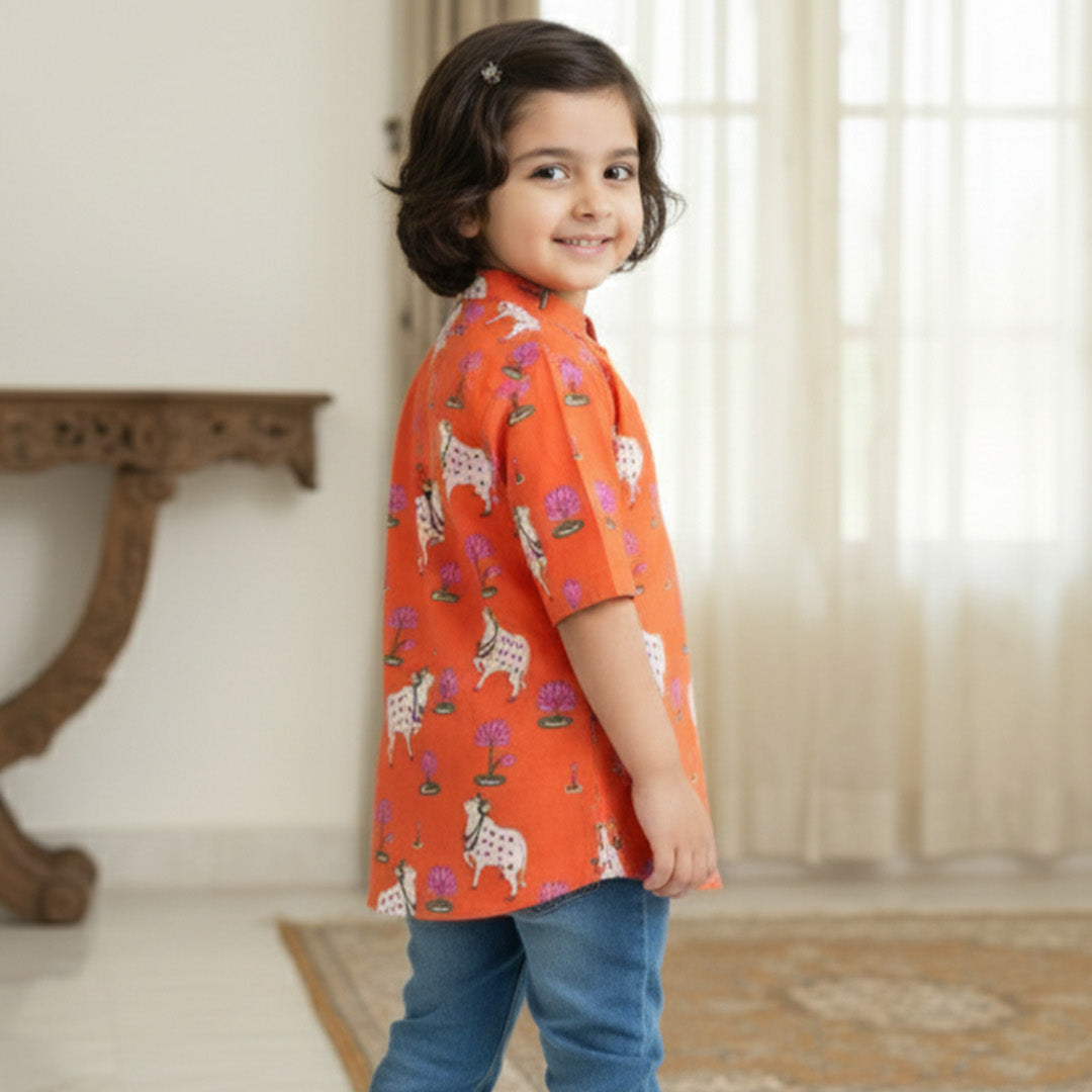 Orange  Pichwai Kurta Shirt for Boys| Pure Cotton