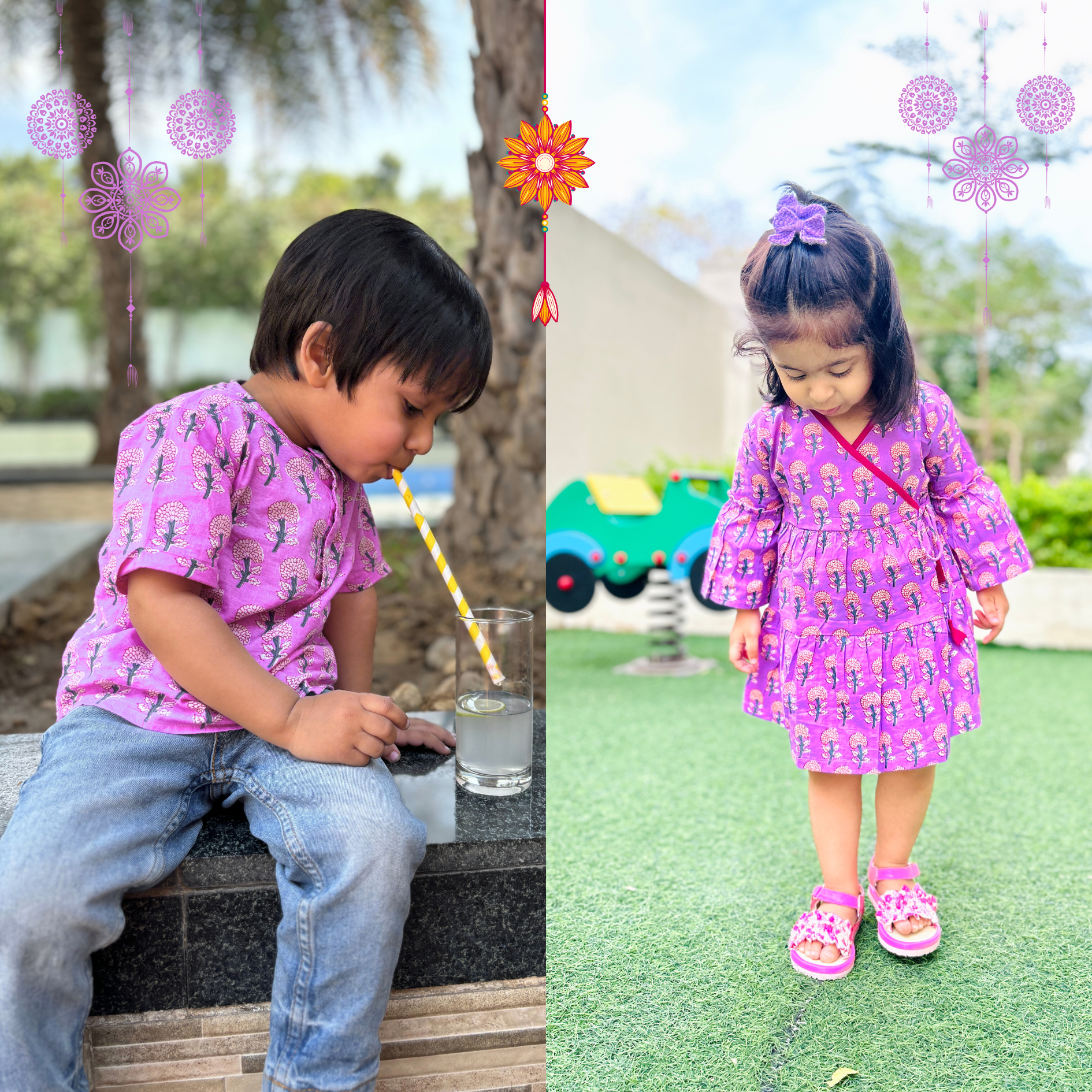 Cotton Purple Boota Sibling Twinning Outfits