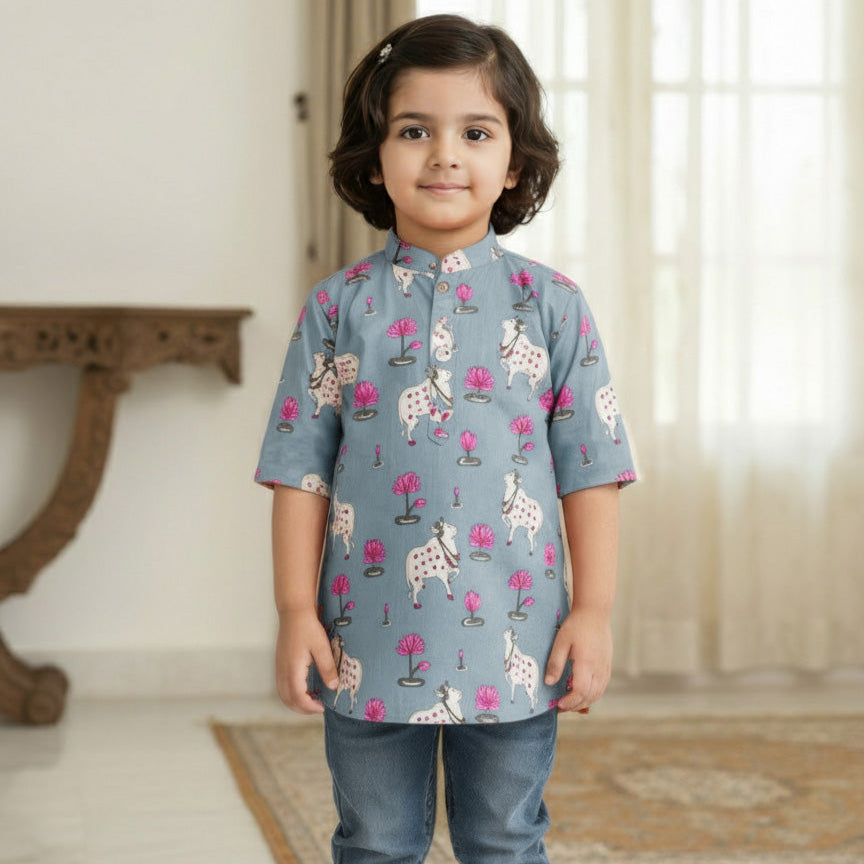 Blue Pichwai Kurta Shirt for Boys| Pure Cotton