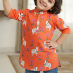Orange  Pichwai Kurta Shirt for Boys| Pure Cotton